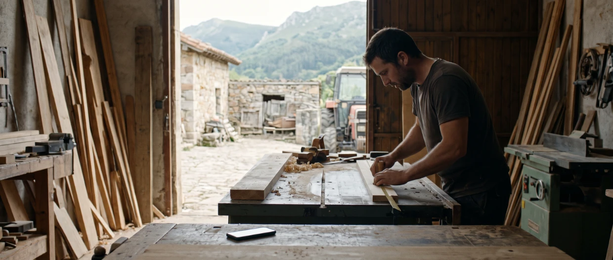 Carpintero y artesano autónomo en su taller de Cantabria concentrado midiendo madera mientras un teléfono móvil permanece en reposo sobre el banco de trabajo