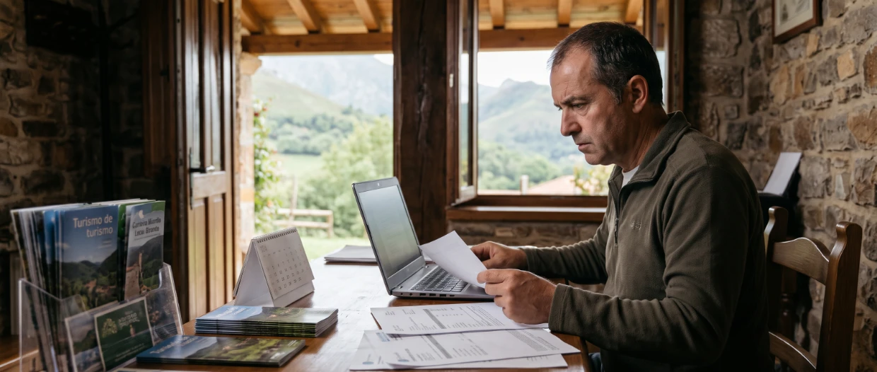 Propietario de alojamiento rural en Cantabria revisando documentación legal y textos normativos de su página web frente a un ordenador portátil