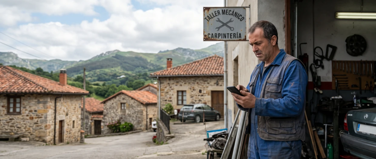 Mecánico y carpintero autónomo en un pueblo de Cantabria consultando su teléfono móvil frente al taller mientras atiende llamadas de clientes