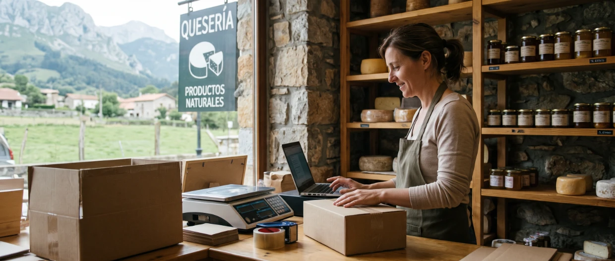 Productora y quesera artesana en Cantabria preparando pedidos de venta directa para su tienda online en su mostrador con vistas a las montañas
